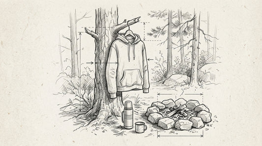 Lyijykynäpiirros: Huppari roikkuu männyn oksantyngässä nuotiopaikan vieressä, maassa termospullo ja muki.