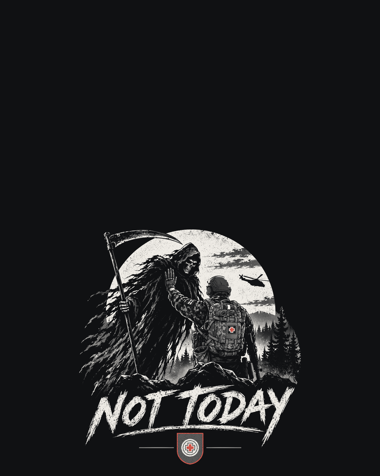 "Not Today" - Medic Huppari, koko painoalueen selkäpainatus